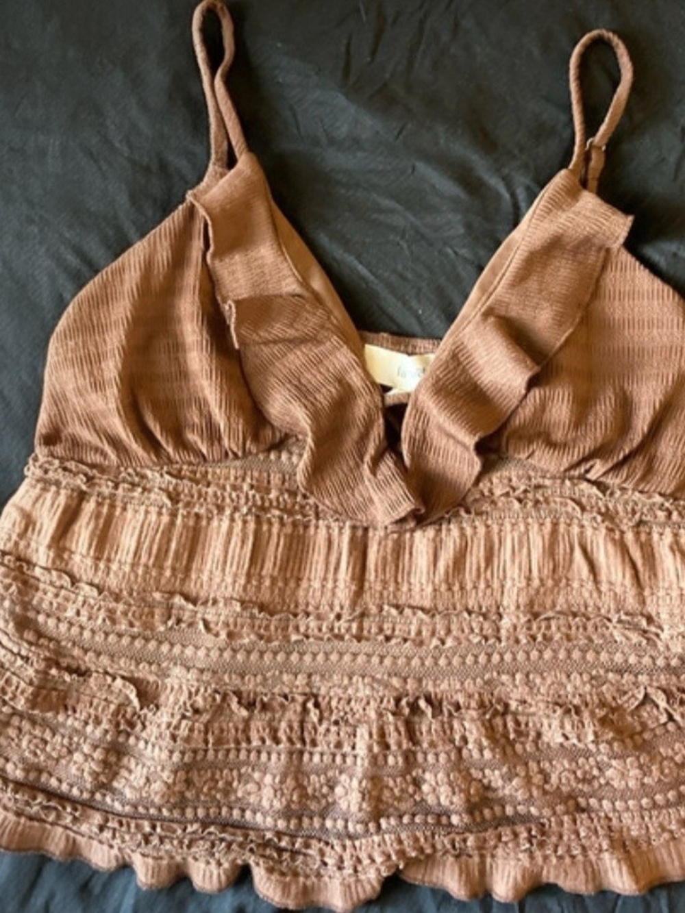 Brown Ruffled V-Neck Smocked Tank Top